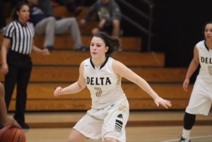 Sophomore guard Natalie Delgado backpedals to help on defense at Joseph Blanchard Gymnasium.