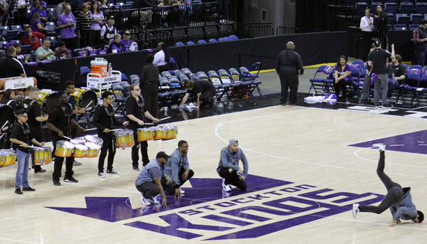 Cesar Chavez drum line and breakdancers performing for the King's halftime show on Nov. 2, 2018.
