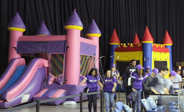 The bouncy houses located in the Stockton Arena during the Stockton's first game ever.