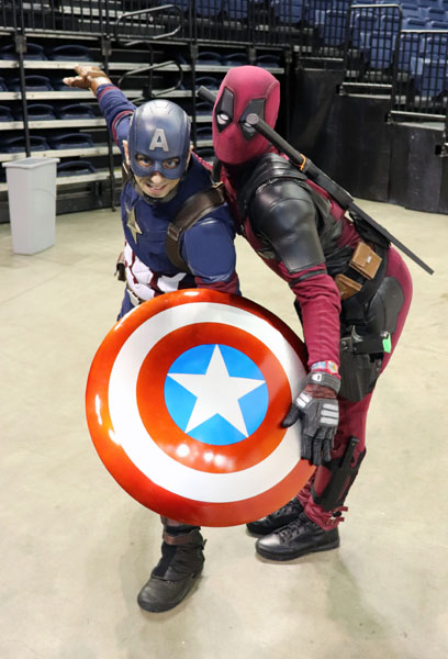 (Left to Right) John Jarvis and Simba Van Gerpen dressed as Captain America and Deadpool at the first winter StocktonCon. Photo by Jasmine Gonzalez.