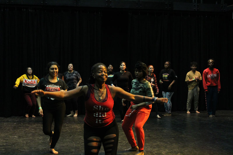Nicole Manker leads intermediate participants in an African Caribbean dance in the Al Muller Studio Theater on Nov. 2 at Delta College. Photo by Maria Abugarade Rayo