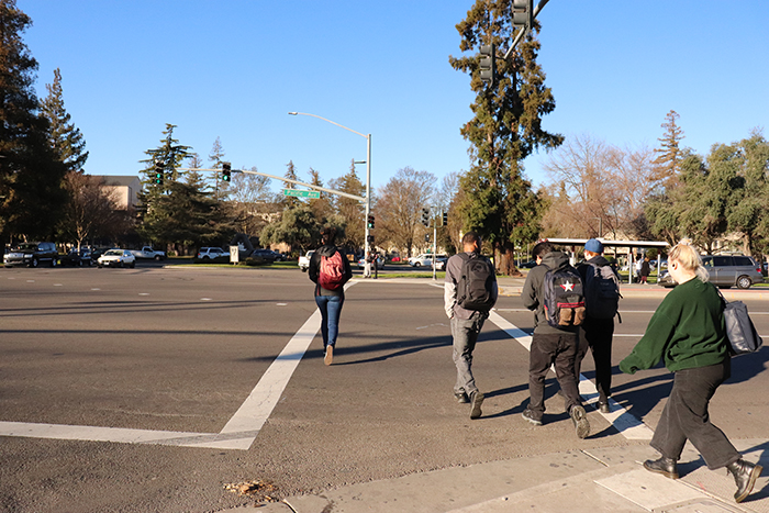 Delta College students head towards campus on Pacific Avenue on Feb. 4. Photo by Vivienne Aguilar