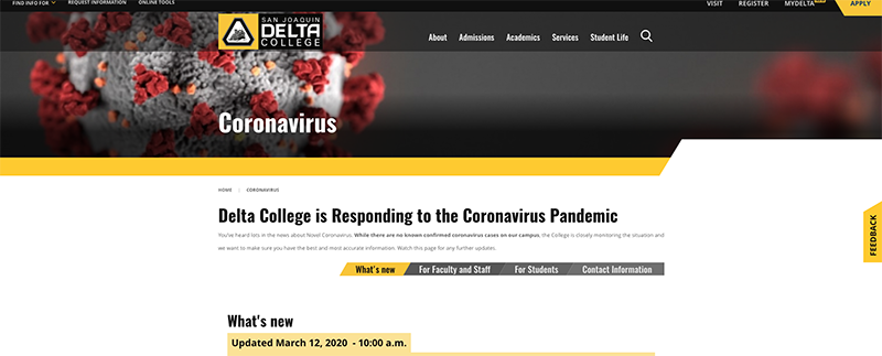 A screenshot of Delta College’s COVID-19 information page