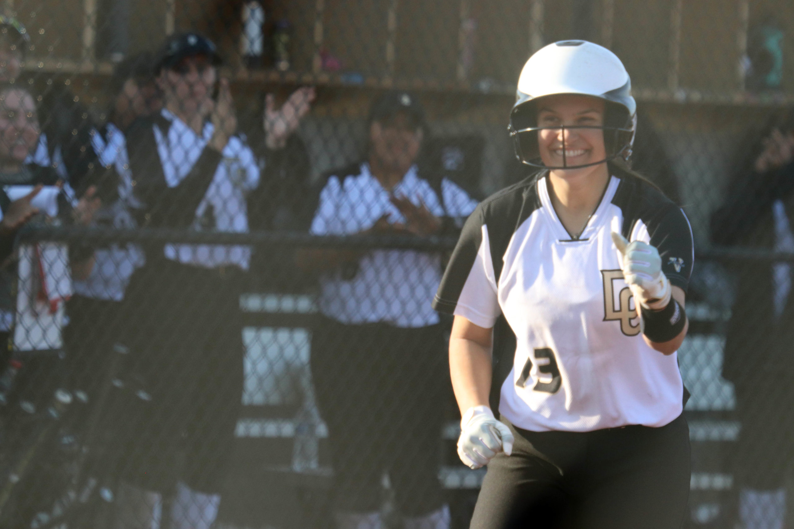 Delta freshman Bianca Toledo celebrates after hitting a home run against Cabrillo on Feb. 4 at the Bucky Layland Soft- ball Complex in Stockton. PHOTO BY DAVID VICTOR