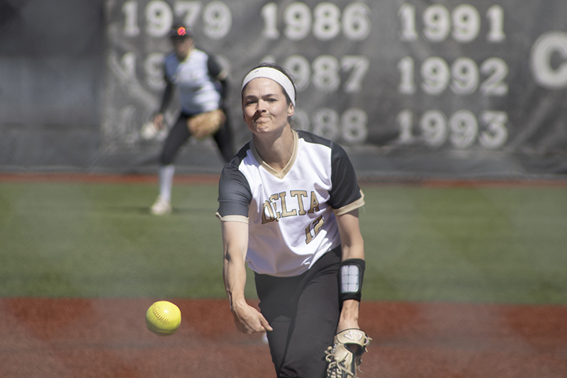 Delta pitcher Madison Nelson throws a pitch against Reedley College on March 20 at the Delta College campus in Stockton. PHOTO BY CHRISTINA GOODMAN