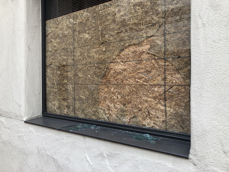 A broken window outside of Shima. Vandals smashed windows in Atherton and Shima using a fire extinguisher on two seperate occasions during winter break. PHOTOS COURTESY OF TARA CUSLIDGE-STAIANO