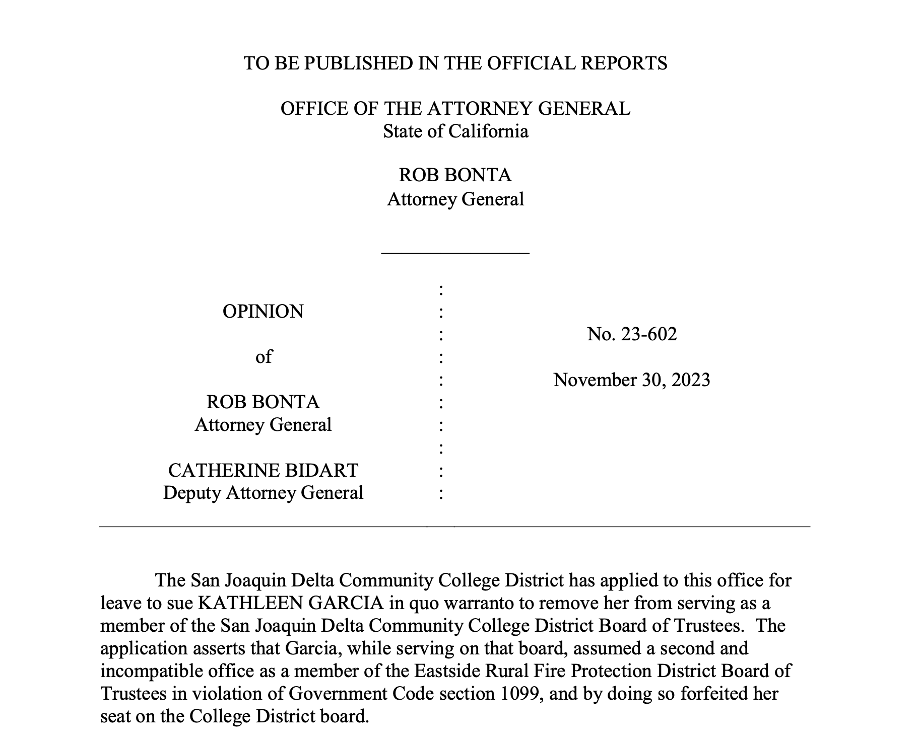 A screenshot of the first page of an opinion issued by the California Attorney General's Office granting permission for Delta College to sue to remove Trustee Kathleen Garcia from the board of trustees.