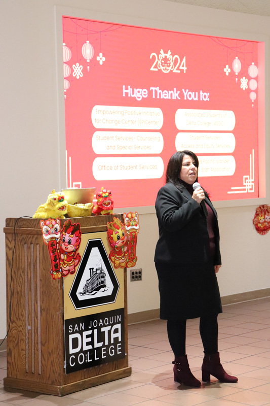 Dr. Lisa Aguilera Lawrenson speaks during the campus Lunar New Year event on Feb. 8. PHOTO BY JELISSA KING