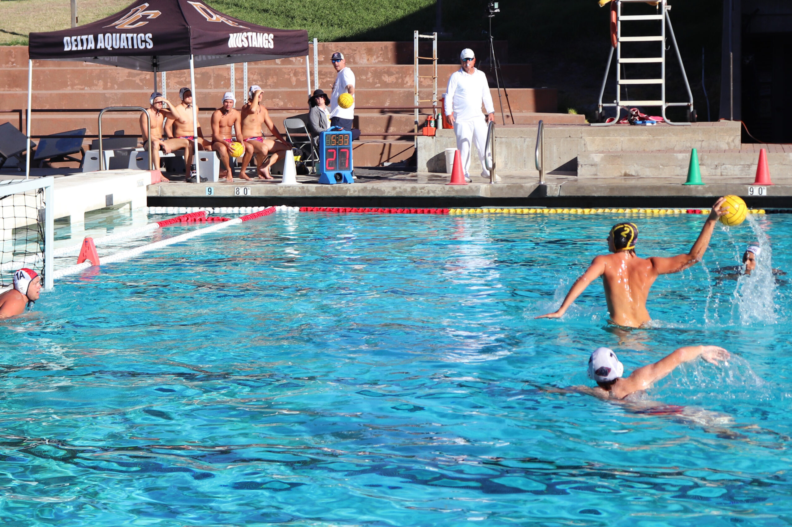 Jesse Reidt, utility player for the Delta Mustangs, takes a penalty shot at Fergusson Pool versus Santa Rosa on Sept. 14, 2024. PHOTO BY LEVI GOERZEN