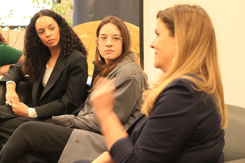 Caitlin Dickerson, Anna Wolfe, and Nicole Carroll during the day event where student journalists moderated a discussion with the Pulitzer winners. PHOTO BY LEVI GOERZEN