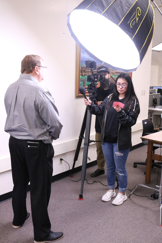 Stocktonia Editor Scott Linesburgh is interviewed by Fierce Mustang Media interns Sarah Maimome and Joseph "BonesInTheBooth" Pethoud at the Pulitzer on the Road student event on Feb. 13. PHOTO BY LEVI GOERZEN