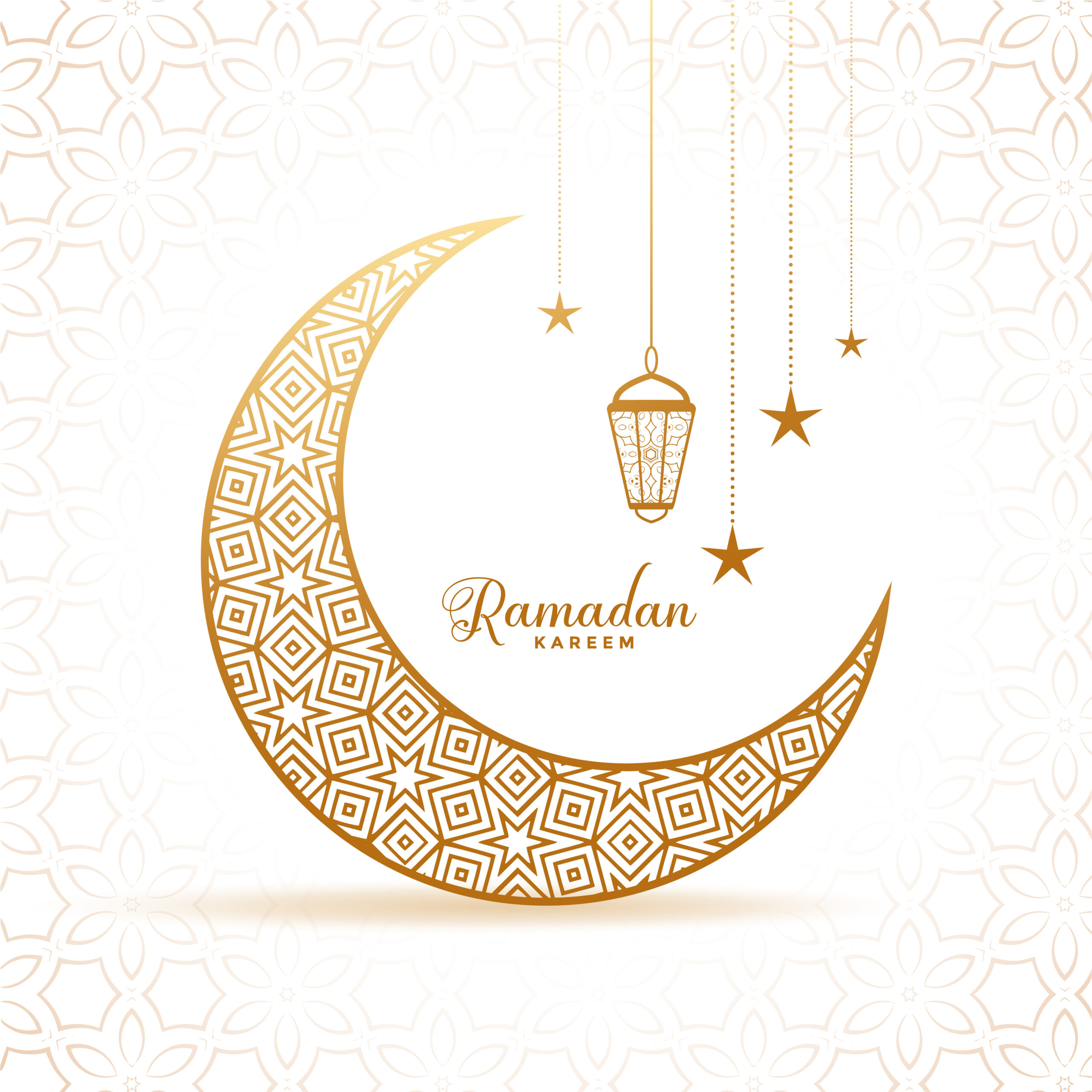 an illustration of a golden moon with the text "Ramadan Kareem" inside the moon below hanging lanterns and stars.