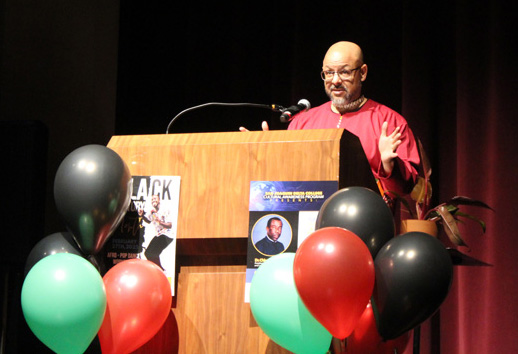 Dr. Chike Akua speaks during his "From History to Destiny: What does it mean to be black? talk at Atherton Auditorium on Feb. 25. PHOTO BY KAITLYNN BRANDON
