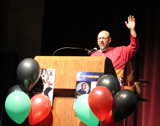 Dr. Chike Akua speaks during his "From History to Destiny: What does it mean to be black? talk at Atherton Auditorium on Feb. 25. PHOTO BY KAITLYNN BRANDON