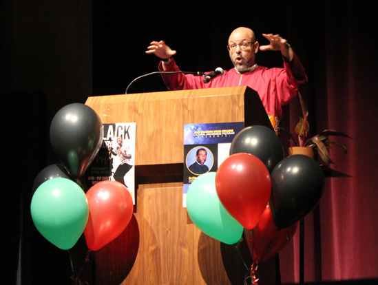 Dr. Chike Akua speaks during his "From History to Destiny: What does it mean to be black? talk at Atherton Auditorium on Feb. 25. PHOTO BY KAITLYNN BRANDON