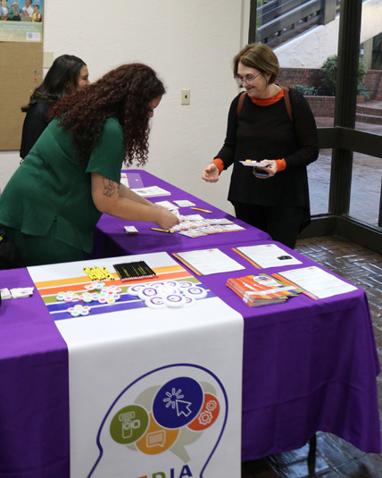 Fierce Mustang Media Intern Jelissa King talks to Pulitzer Administrator Marjorie Miller at the Pulitzer on the Road reception on Feb. 13 in Locke Lounge. PHOTO BY LEVI GOERZEN
