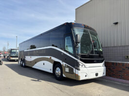 A new Delta College bus is parked near the Lourn Phelps Police Services Building on March 10. PHOTO BY JARRED WRIGHT