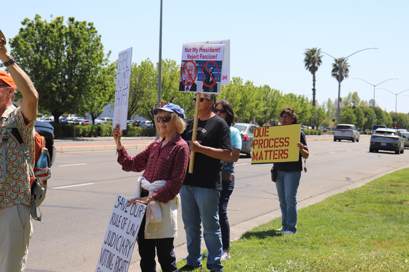 Protesters lined up along pacific avenue holding signs critical of president Donald Trump and collaborator Elon Musk