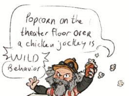 Illustration of Jack Black riding a minecraft chicken. which is just about the same size as he is. Jack Black is wearing a horse jockey outfit, and spilling some popcorn accidentally from his theater popcorn bucket, which he holds aloft. A wordbubble captures his words which says "Popcorn on the floor over chicken jockey is wild behavior"