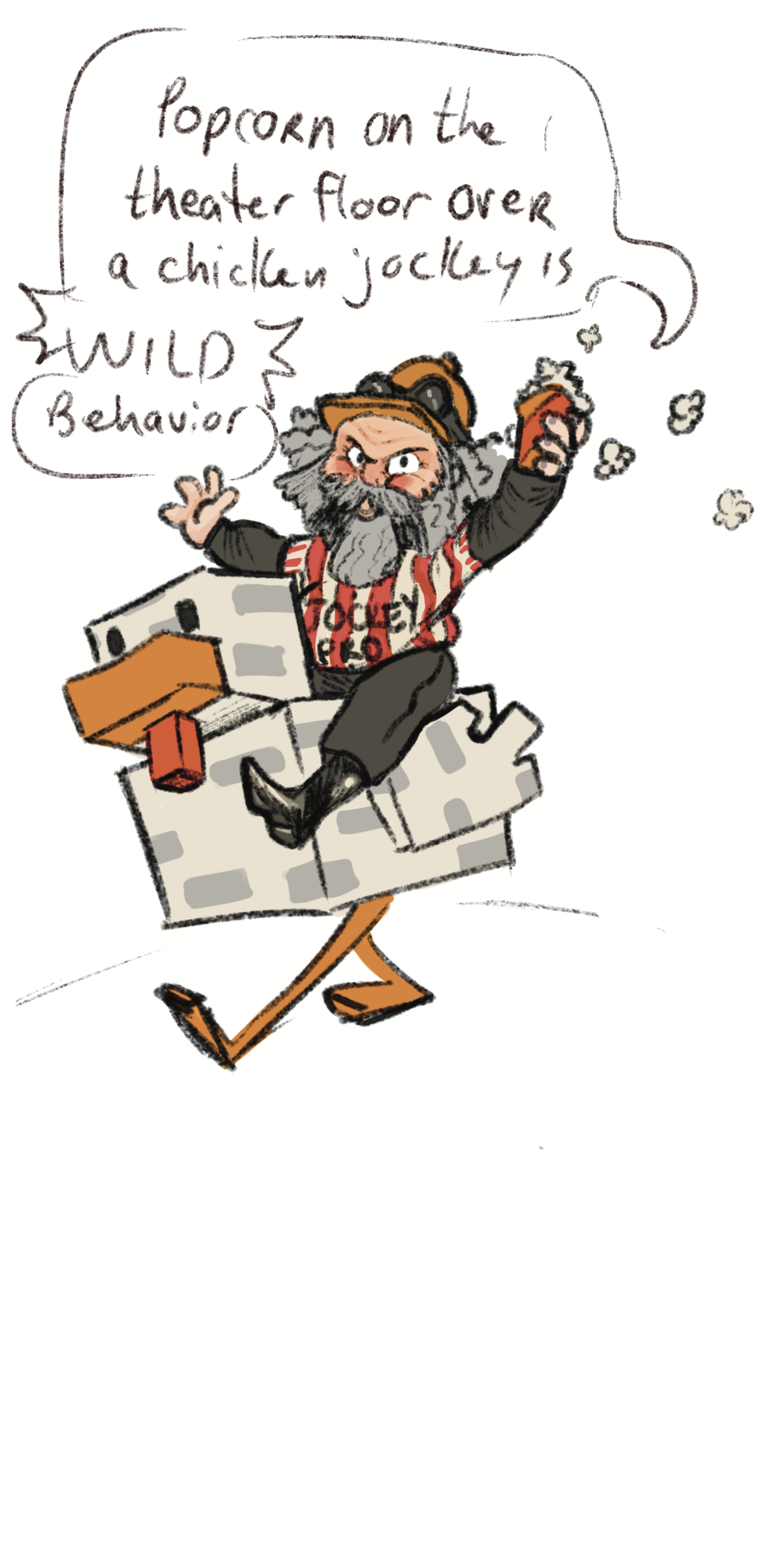Illustration of Jack Black riding a minecraft chicken. which is just about the same size as he is. Jack Black is wearing a horse jockey outfit