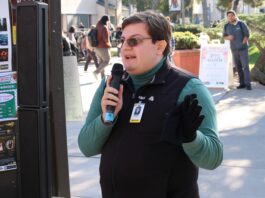 San Joaquin Delta College Student Trustee Dylan Myers speaking at College Hour in the Quad at San Joaquin Delta College on Jan 16.