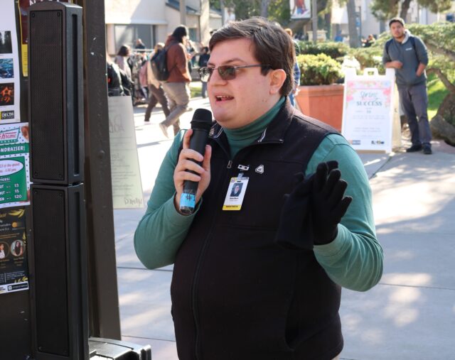 DylanMyerCollegeHour San Joaquin Delta College Student Trustee Dylan Myers speaking at College Hour in the Quad at San Joaquin Delta College on Jan 16.