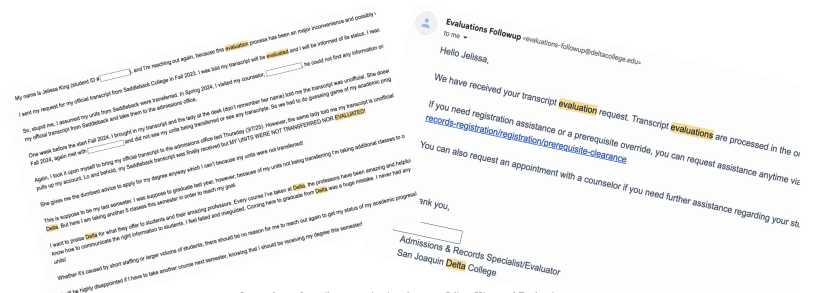 Correspondence from Delta College to Collegian Editor Jelissa King.