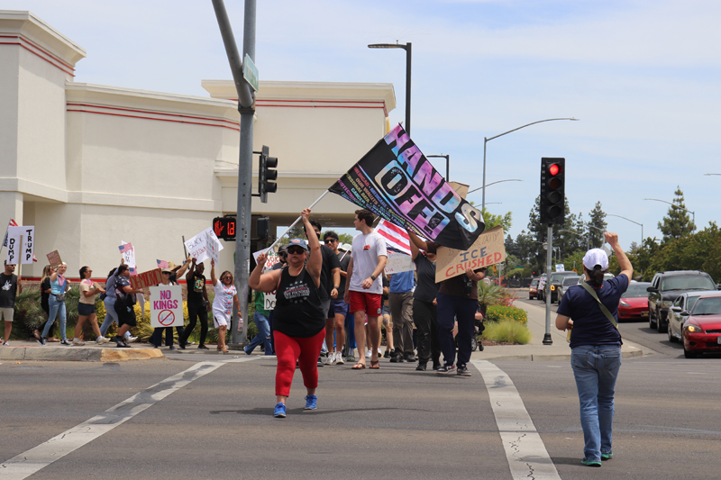 Protesters line Pacific Avenue at the front of the Delta College campus for the No Kings rally against President Donald Trump's policies on June 14. PHOTO BY ZACKARY KIRK-NEWTON