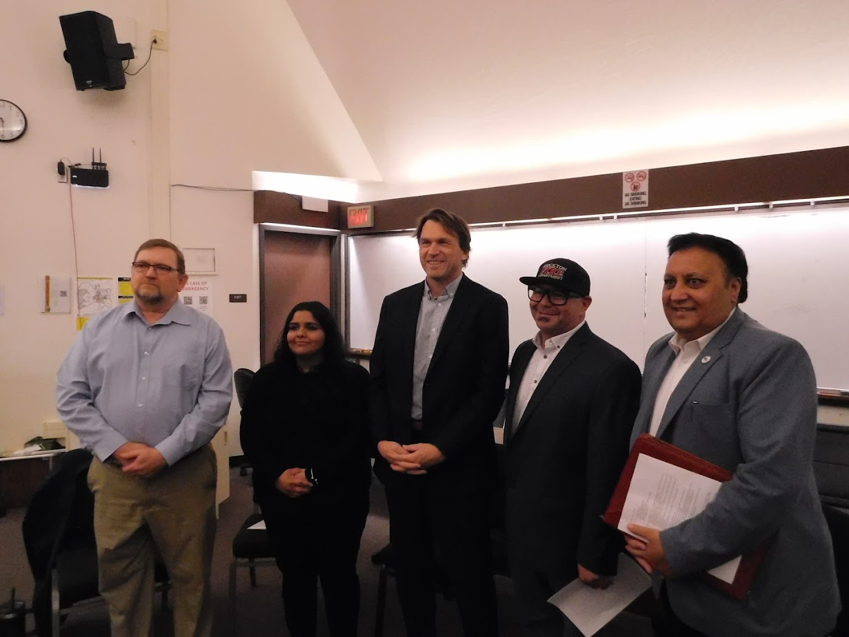 Moderators (left to right) Scott Linesburgh Executive Editor Stocktonia, Beatrice Rosas Politics and Law Club, Matthew Derrick Associate Dean at Stan State Stockton, then Speakers Mario Gardea District 1 supervisor, Sonny Dhaliwal District 3 Supervisor. PHOTO BY ELIAS BARRERA