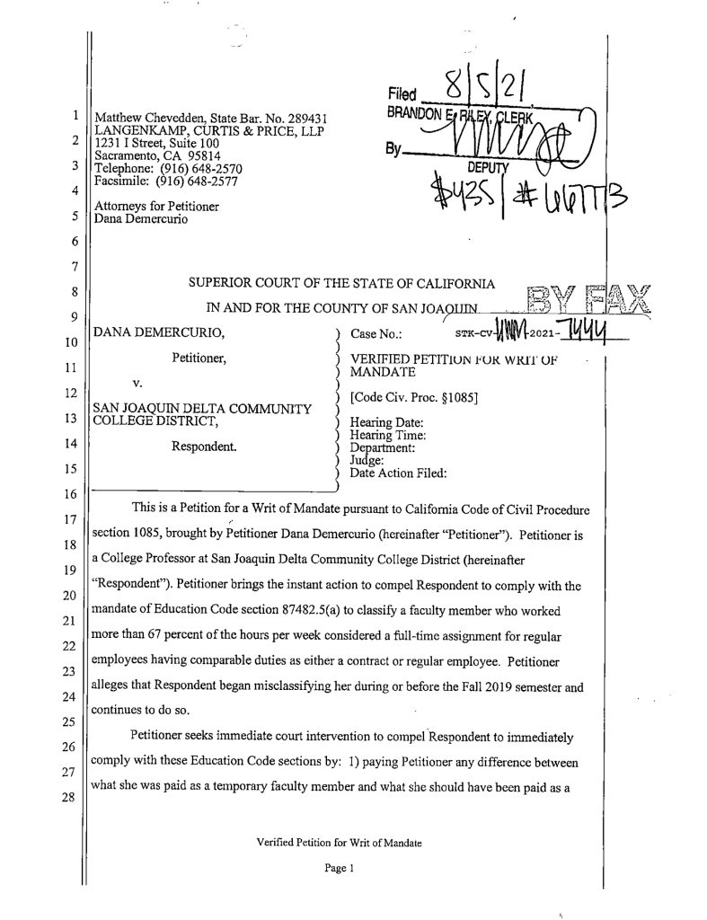 First page of a 2021 verified petition for writ of mandate filed by Dana Demercurio against the San Joaquin Delta Community College District in San Joaquin County Superior Court.