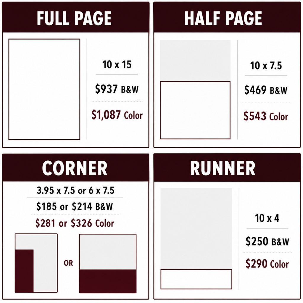 Graphic showing Delta Collegian print ad sizes and rates, including full page, half page, corner, and runner ad options with dimensions and black-and-white or color pricing.