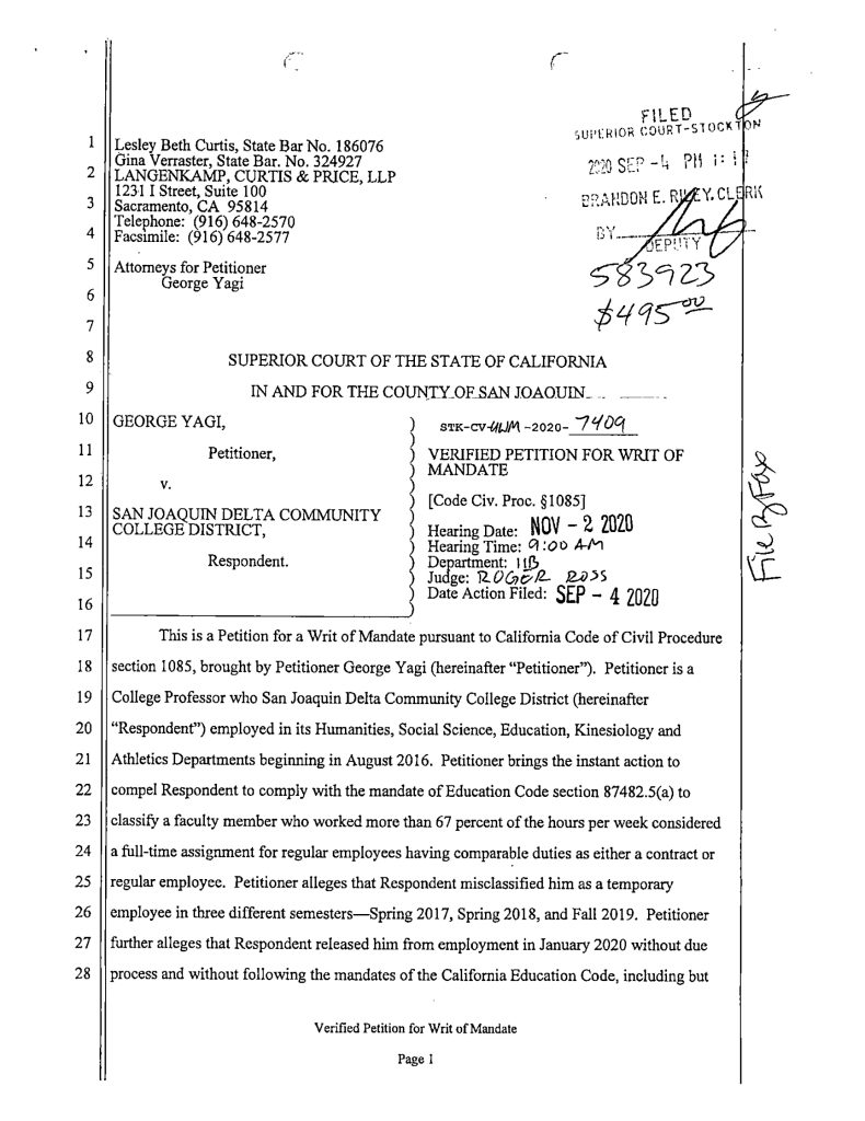 First page of a 2020 verified petition for writ of mandate filed by George Yagi against the San Joaquin Delta Community College District in San Joaquin County Superior Court.