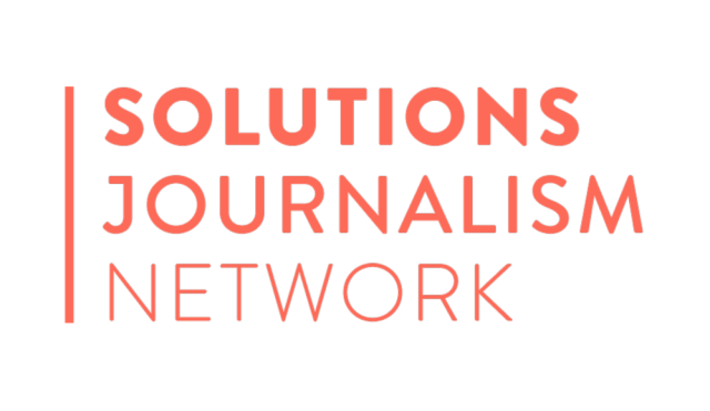 Solutions Journalism Network logo with coral text and a vertical coral line on a black background.