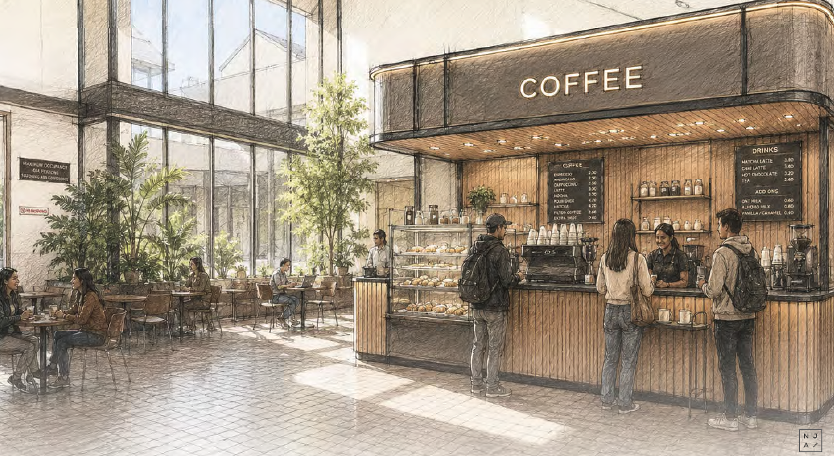 A conceptual drawing of a proposed Java Jitters location in Danner Hall.